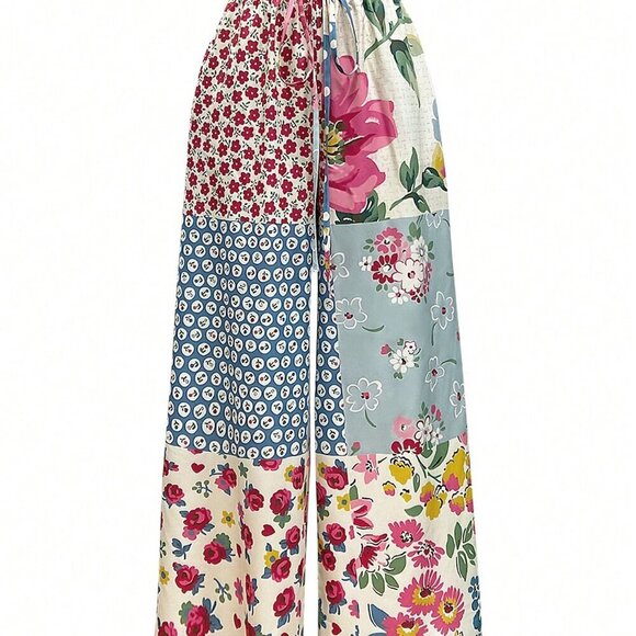 Multicolor Boho Women's Flower & Leaf Print Drawstring Pocket pants - Picture 2 of 3